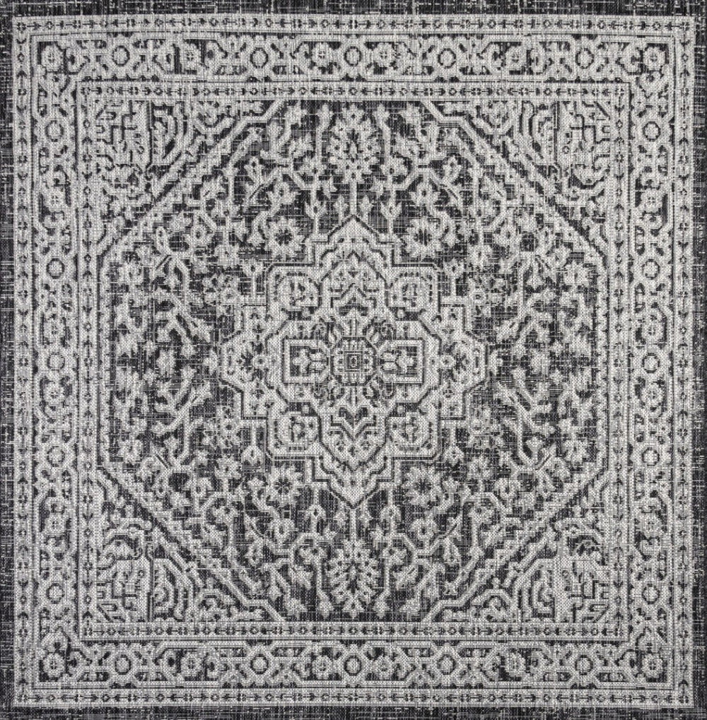 HomeRoots 9' Gray and Black Square Medallion Area Rug - Stylish, Durable, Weather-Resistant for Indoor/Outdoor Use 704232