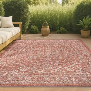 HomeRoots 10' X 14' Red and Taupe Medallion Area Rug - Stylish Indoor/Outdoor Design, Durable & Easy Care! 704233