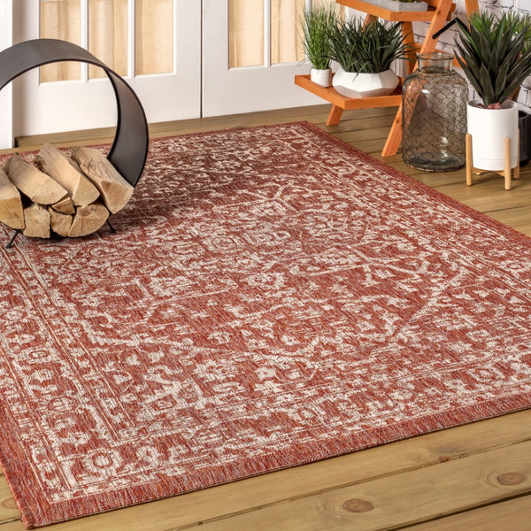 HomeRoots 10' X 14' Red and Taupe Medallion Area Rug - Stylish Indoor/Outdoor Design, Durable & Easy Care! 704233