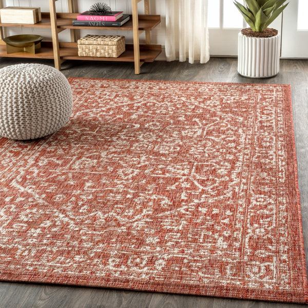 HomeRoots 10' X 14' Red and Taupe Medallion Area Rug - Stylish Indoor/Outdoor Design, Durable & Easy Care! 704233