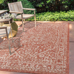 HomeRoots 10' X 14' Red and Taupe Medallion Area Rug - Stylish Indoor/Outdoor Design, Durable & Easy Care! 704233
