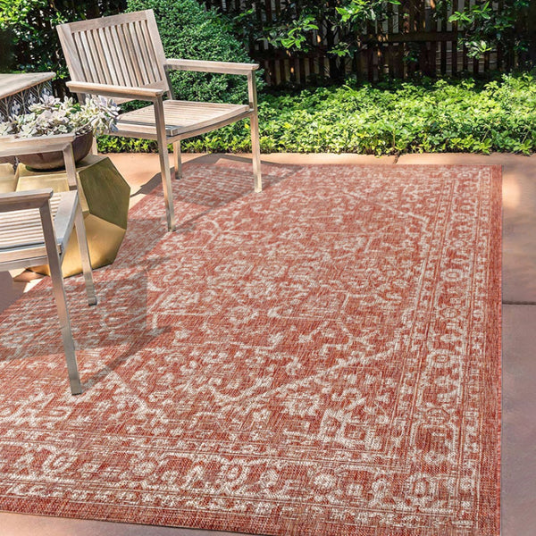 HomeRoots 10' X 14' Red and Taupe Medallion Area Rug - Stylish Indoor/Outdoor Design, Durable & Easy Care! 704233