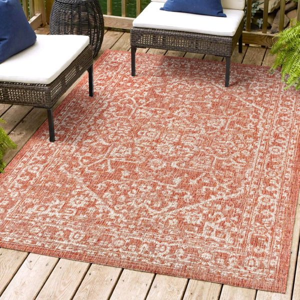 HomeRoots 10' X 14' Red and Taupe Medallion Area Rug - Stylish Indoor/Outdoor Design, Durable & Easy Care! 704233