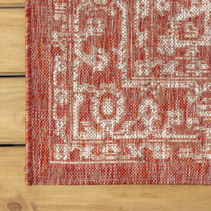 HomeRoots 6' Round Medallion Area Rug in Rich Red & Taupe - Stylish Indoor/Outdoor Accent for Any Space 704236