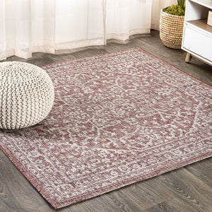 HomeRoots 6' Vibrant Red and Taupe Square Medallion Area Rug - Durable Indoor/Outdoor Design for Any Space 704237