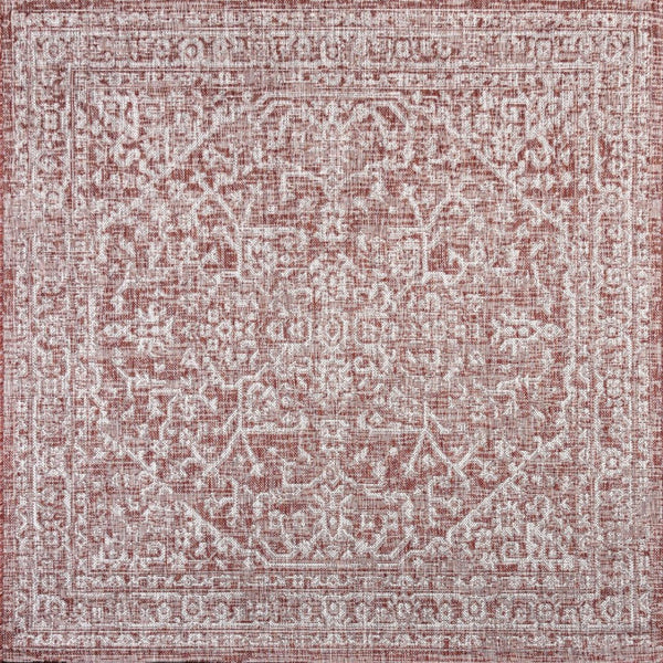 HomeRoots 6' Vibrant Red and Taupe Square Medallion Area Rug - Durable Indoor/Outdoor Design for Any Space 704237