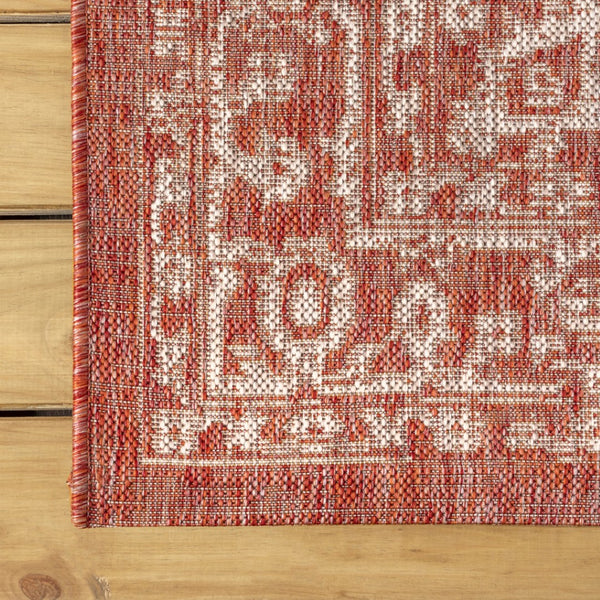 HomeRoots 6' Vibrant Red and Taupe Square Medallion Area Rug - Durable Indoor/Outdoor Design for Any Space 704237