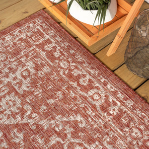 HomeRoots 6' Vibrant Red and Taupe Square Medallion Area Rug - Durable Indoor/Outdoor Design for Any Space 704237