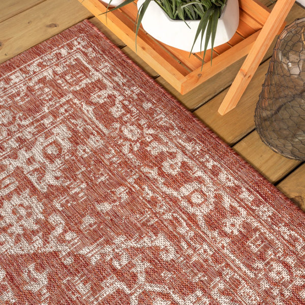 HomeRoots 6' Vibrant Red and Taupe Square Medallion Area Rug - Durable Indoor/Outdoor Design for Any Space 704237
