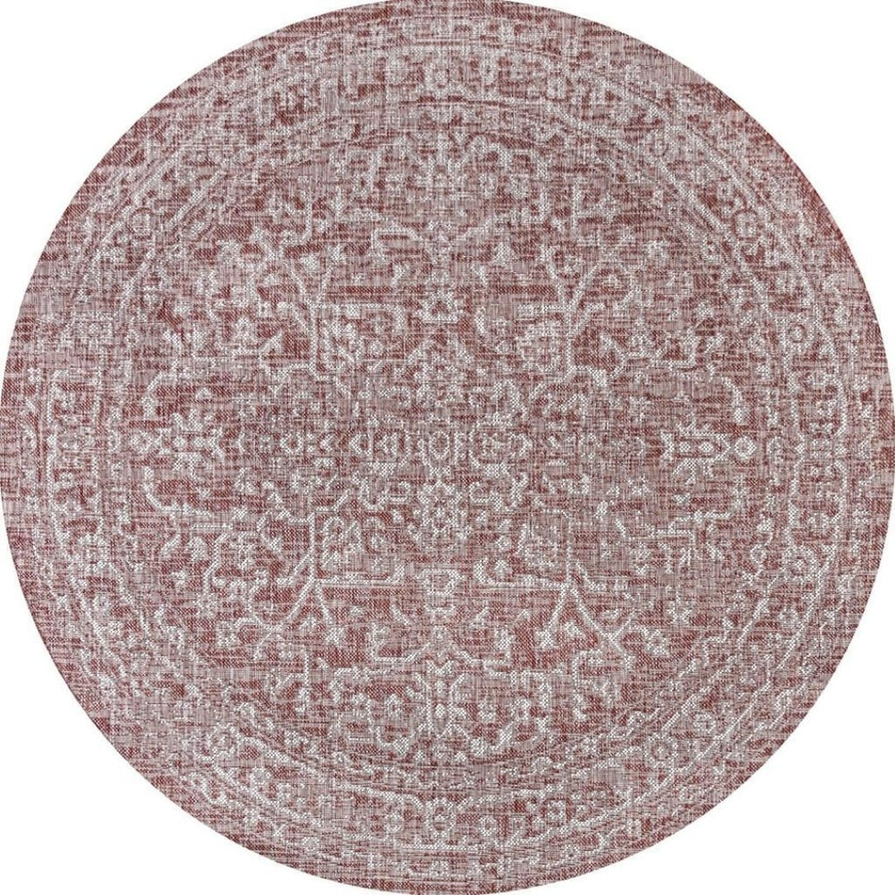 HomeRoots 8' Red and Taupe Medallion Area Rug - Durable Indoor/Outdoor Round Design for Stylish Spaces! 704238