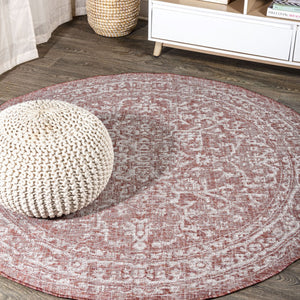 HomeRoots 9' Vibrant Red and Taupe Round Medallion Area Rug - Durable, Stylish for Indoor & Outdoor Spaces 704240