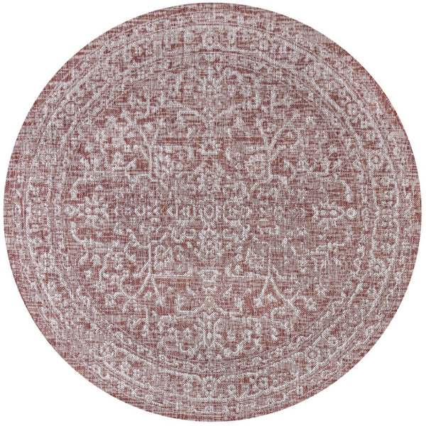 HomeRoots 9' Vibrant Red and Taupe Round Medallion Area Rug - Durable, Stylish for Indoor & Outdoor Spaces 704240