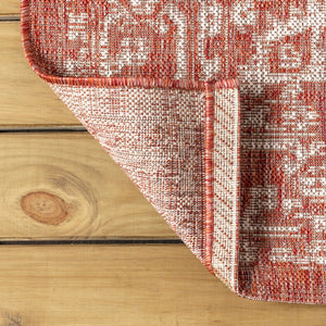 HomeRoots 9' Vibrant Red and Taupe Round Medallion Area Rug - Durable, Stylish for Indoor & Outdoor Spaces 704240