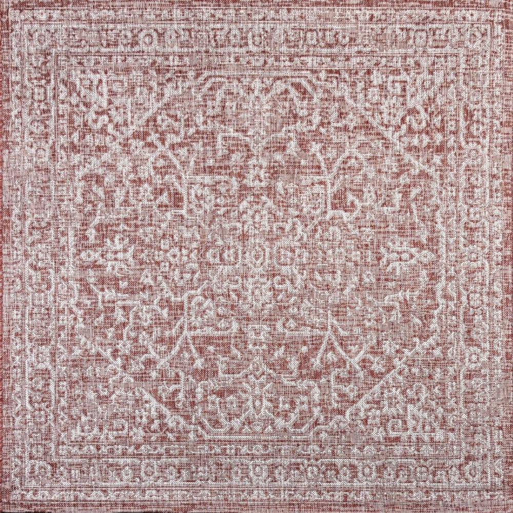 HomeRoots 9' Bold Red and Taupe Square Medallion Rug - Durable, Modern Design for Indoor and Outdoor Spaces 704241