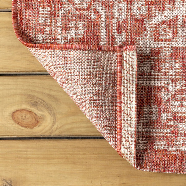 HomeRoots 9' Bold Red and Taupe Square Medallion Rug - Durable, Modern Design for Indoor and Outdoor Spaces 704241