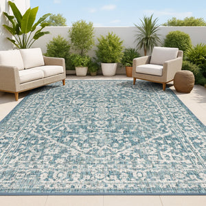 HomeRoots 10' Teal Blue & Gray Medallion Area Rug - Stylish Indoor/Outdoor Durable Design for High-Traffic Spaces 704242