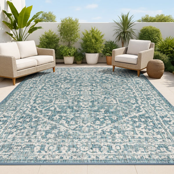 HomeRoots 10' Teal Blue & Gray Medallion Area Rug - Stylish Indoor/Outdoor Durable Design for High-Traffic Spaces 704242
