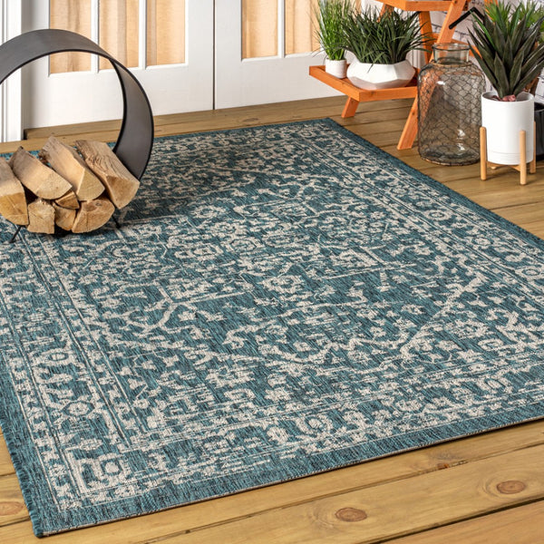 HomeRoots 10' Teal Blue & Gray Medallion Area Rug - Stylish Indoor/Outdoor Durable Design for High-Traffic Spaces 704242