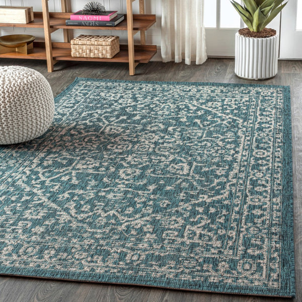 HomeRoots 10' Teal Blue & Gray Medallion Area Rug - Stylish Indoor/Outdoor Durable Design for High-Traffic Spaces 704242