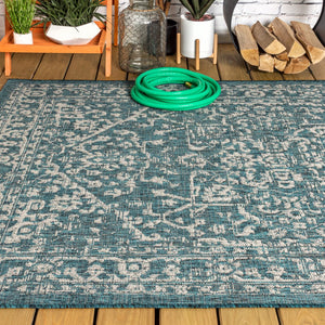 HomeRoots 10' Teal Blue & Gray Medallion Area Rug - Stylish Indoor/Outdoor Durable Design for High-Traffic Spaces 704242