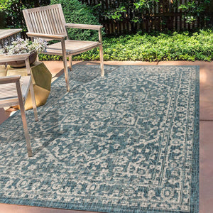 HomeRoots 10' Teal Blue & Gray Medallion Area Rug - Stylish Indoor/Outdoor Durable Design for High-Traffic Spaces 704242