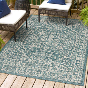 HomeRoots 10' Teal Blue & Gray Medallion Area Rug - Stylish Indoor/Outdoor Durable Design for High-Traffic Spaces 704242