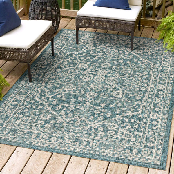 HomeRoots 10' Teal Blue & Gray Medallion Area Rug - Stylish Indoor/Outdoor Durable Design for High-Traffic Spaces 704242