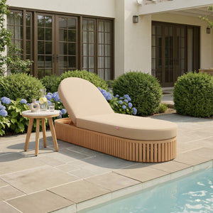 Sakina Outdoor Chaise Lounge Acacia Wood Frame Olefin Fabric Glam Deco Style