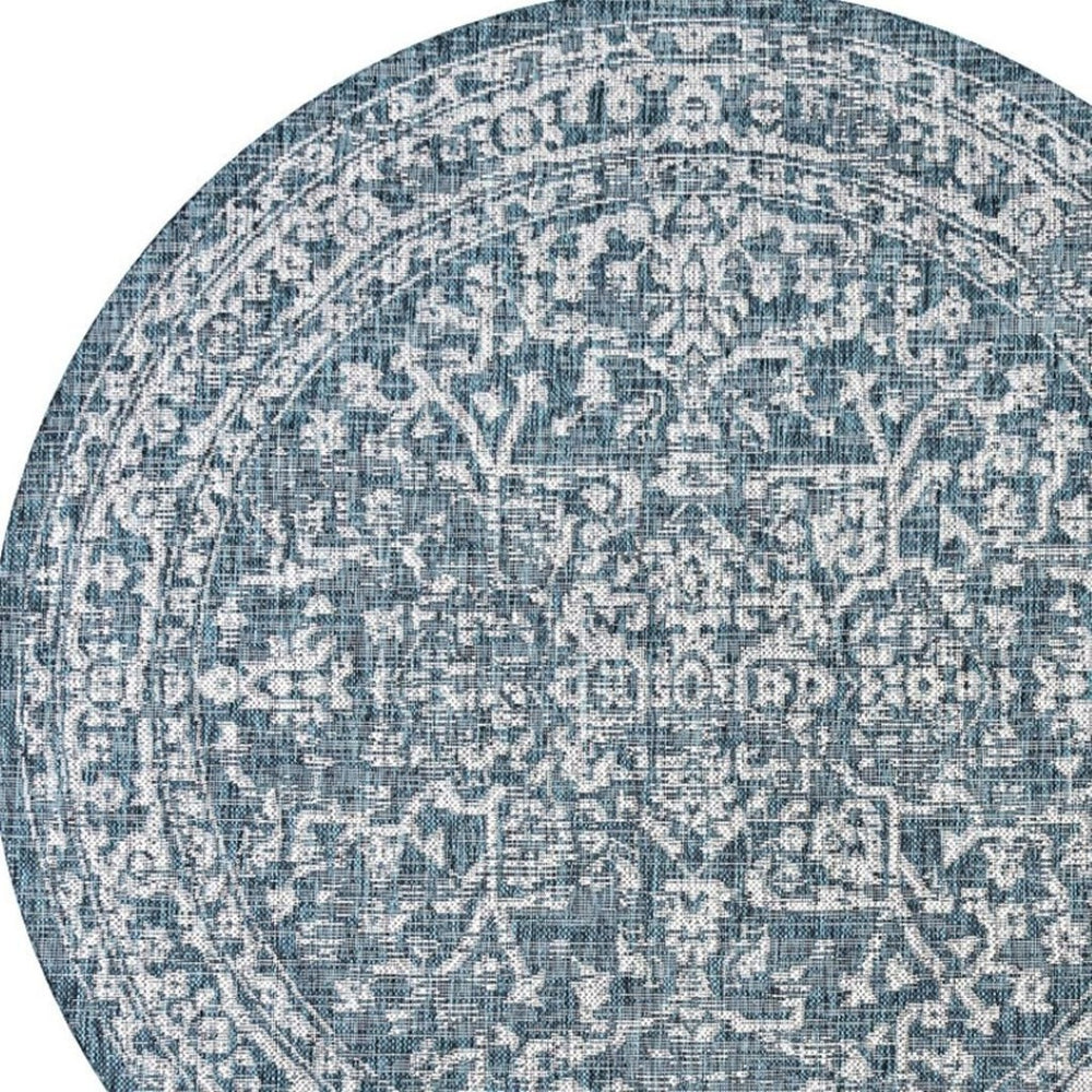 HomeRoots 8' Teal Blue and Gray Round Medallion Area Rug - Durable, Stylish, Indoor/Outdoor Versatile Design 704247