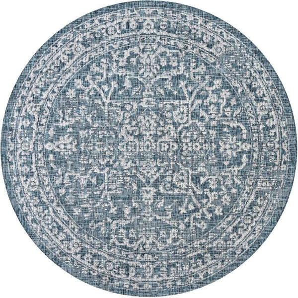HomeRoots 8' Teal Blue and Gray Round Medallion Area Rug - Durable, Stylish, Indoor/Outdoor Versatile Design 704247