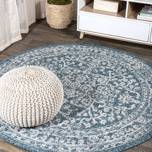 HomeRoots 8' Teal Blue and Gray Round Medallion Area Rug - Durable, Stylish, Indoor/Outdoor Versatile Design 704247