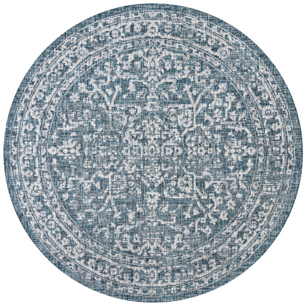 HomeRoots 8' Teal Blue and Gray Round Medallion Area Rug - Durable, Stylish, Indoor/Outdoor Versatile Design 704247