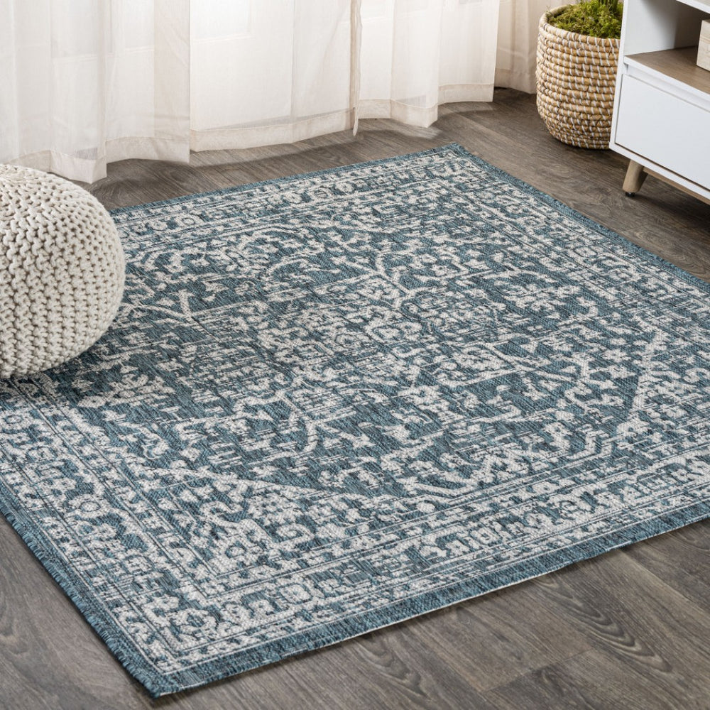 HomeRoots 8' Teal Blue and Gray Square Medallion Area Rug - Stylish, Durable Design for Indoor & Outdoor Spaces 704248