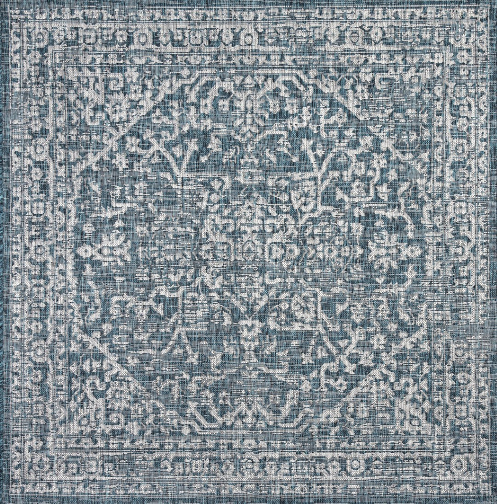 HomeRoots 8' Teal Blue and Gray Square Medallion Area Rug - Stylish, Durable Design for Indoor & Outdoor Spaces 704248