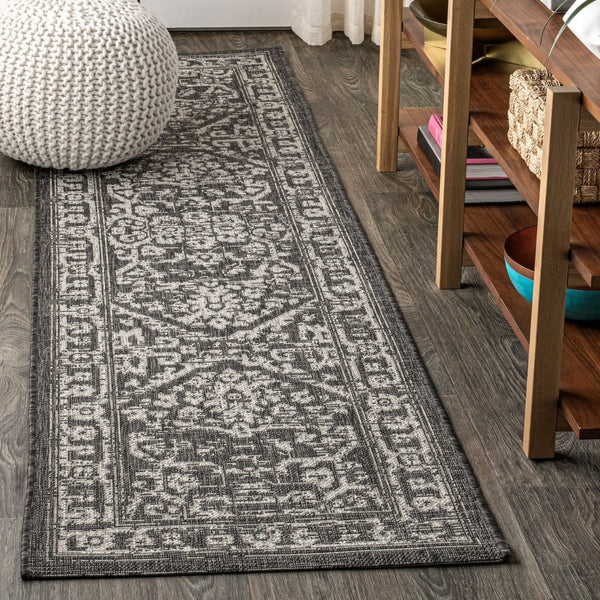 HomeRoots 10' Black and Gray Medallion Runner Rug - Versatile Indoor/Outdoor Accent for High-Traffic Areas 704252