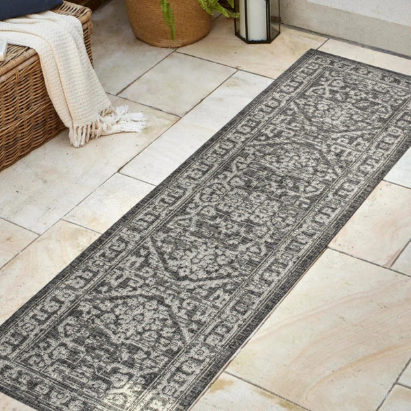 HomeRoots 10' Black and Gray Medallion Runner Rug - Versatile Indoor/Outdoor Accent for High-Traffic Areas 704252