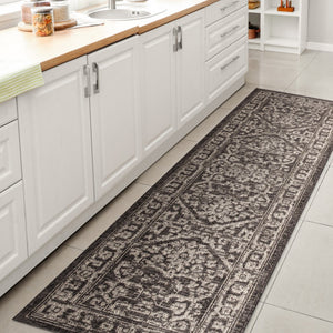 HomeRoots 10' Black and Gray Medallion Runner Rug - Versatile Indoor/Outdoor Accent for High-Traffic Areas 704252
