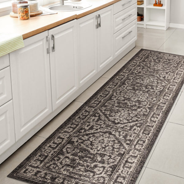 HomeRoots 10' Black and Gray Medallion Runner Rug - Versatile Indoor/Outdoor Accent for High-Traffic Areas 704252