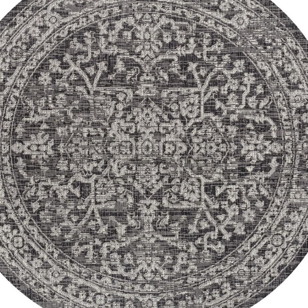 HomeRoots 5' Bold Black and Gray Round Medallion Area Rug – Stylish Indoor/Outdoor Decor for Every Space 704254