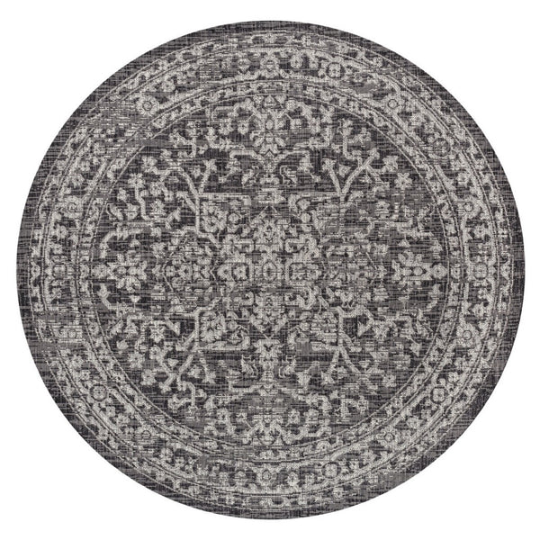 HomeRoots 5' Bold Black and Gray Round Medallion Area Rug – Stylish Indoor/Outdoor Decor for Every Space 704254