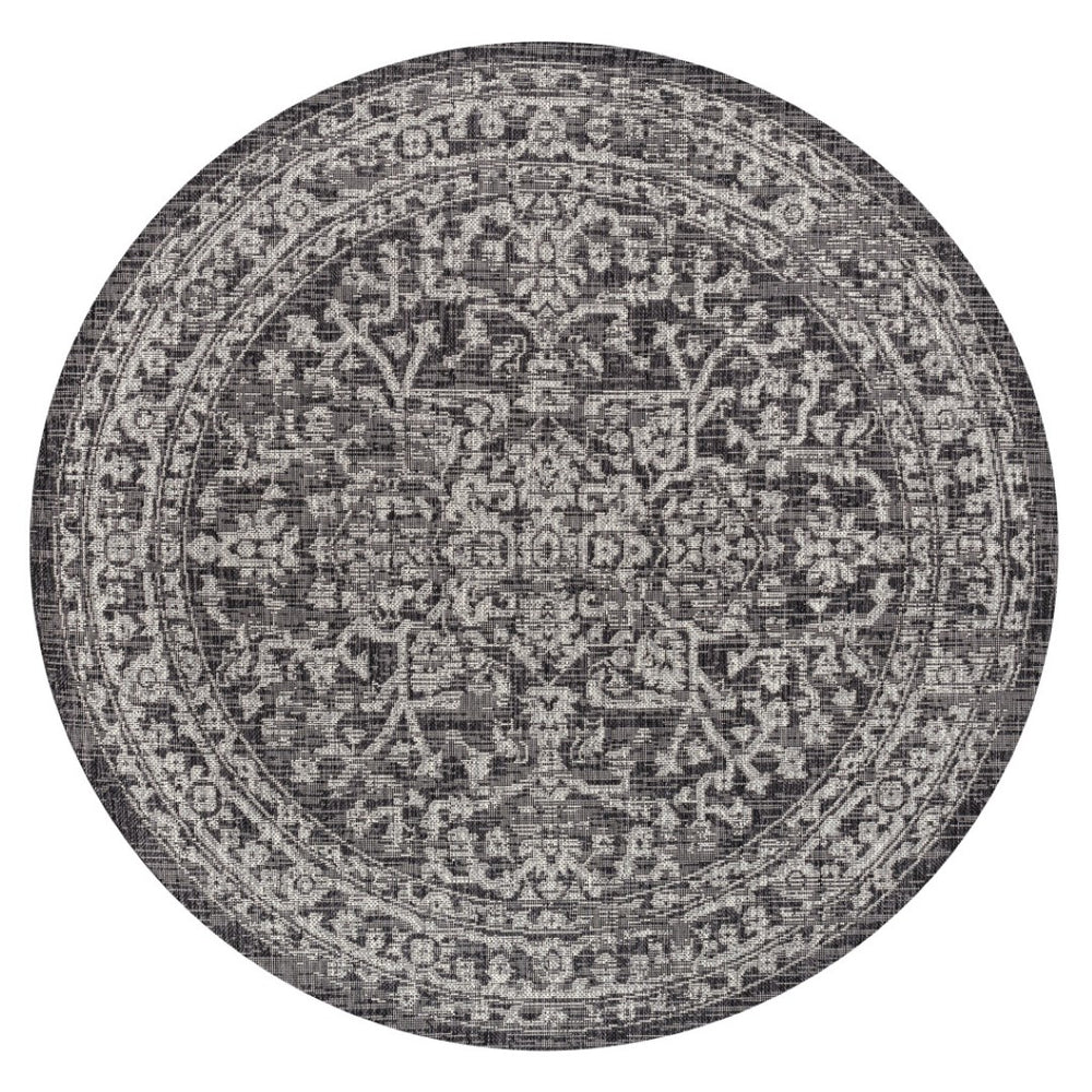 HomeRoots 5' Bold Black and Gray Round Medallion Area Rug – Stylish Indoor/Outdoor Decor for Every Space 704254