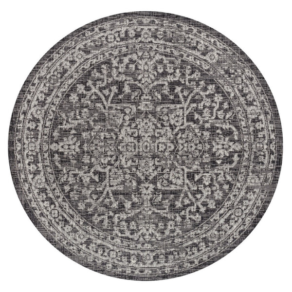 HomeRoots 5' Bold Black and Gray Round Medallion Area Rug – Stylish Indoor/Outdoor Decor for Every Space 704254