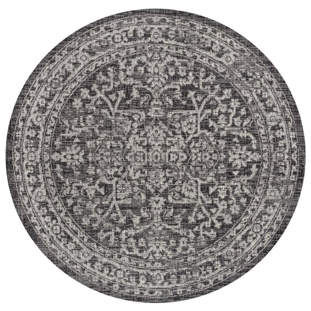 HomeRoots 6' Black and Gray Round Medallion Rug - Modern, Weather-Resistant Indoor/Outdoor Design for Any Space 704257