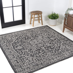 HomeRoots 6' Black and Gray Square Medallion Rug - Modern, Durable Design for Indoor & Outdoor Spaces, Easy Care 704258