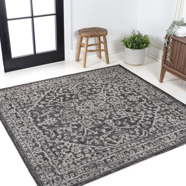 HomeRoots 6' Black and Gray Square Medallion Rug - Modern, Durable Design for Indoor & Outdoor Spaces, Easy Care 704258