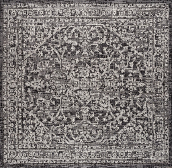 HomeRoots 6' Black and Gray Square Medallion Rug - Modern, Durable Design for Indoor & Outdoor Spaces, Easy Care 704258