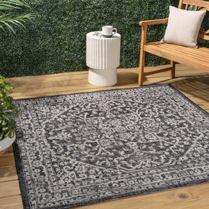 HomeRoots 6' Black and Gray Square Medallion Rug - Modern, Durable Design for Indoor & Outdoor Spaces, Easy Care 704258