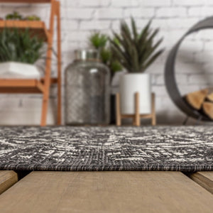 HomeRoots 6' Black and Gray Square Medallion Rug - Modern, Durable Design for Indoor & Outdoor Spaces, Easy Care 704258