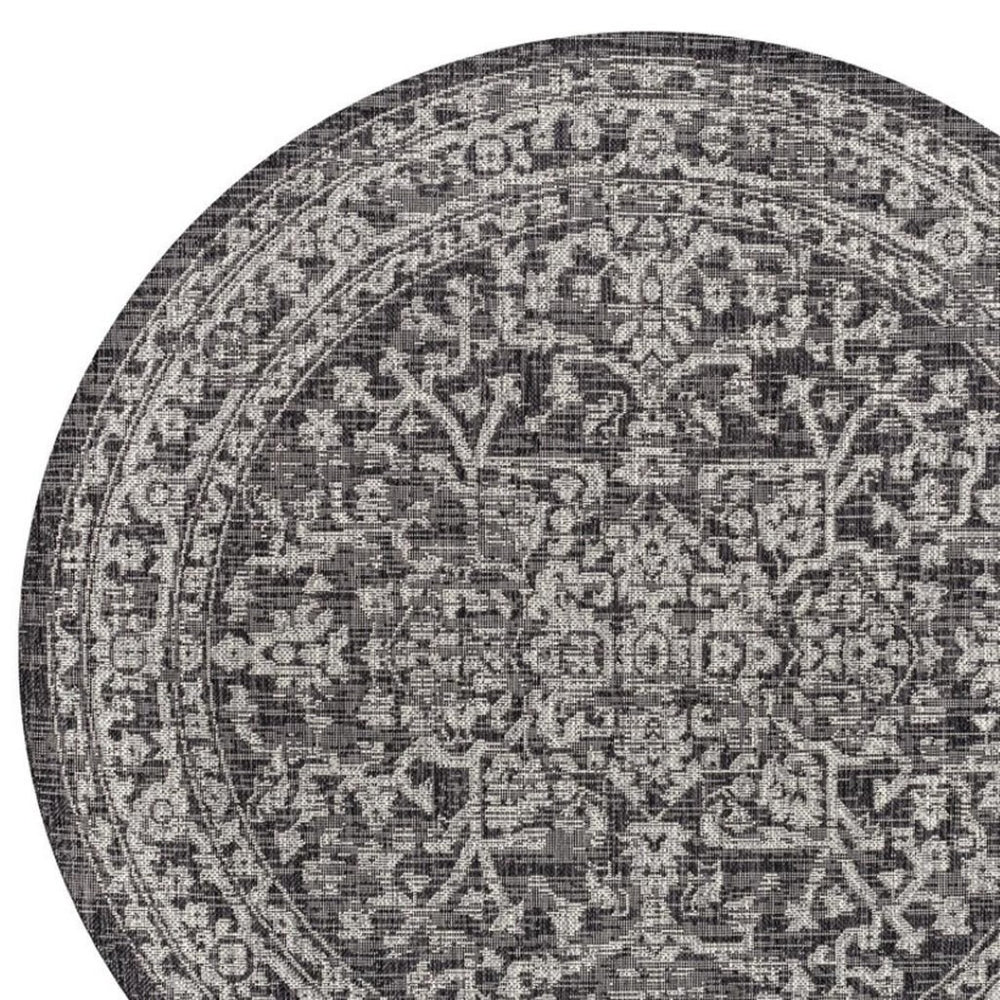 HomeRoots 8' Black and Gray Round Medallion Rug – Stylish, Durable, and Easy-Care for Indoor/Outdoor Use! 704259