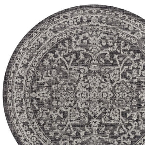 HomeRoots 8' Black and Gray Round Medallion Rug – Stylish, Durable, and Easy-Care for Indoor/Outdoor Use! 704259